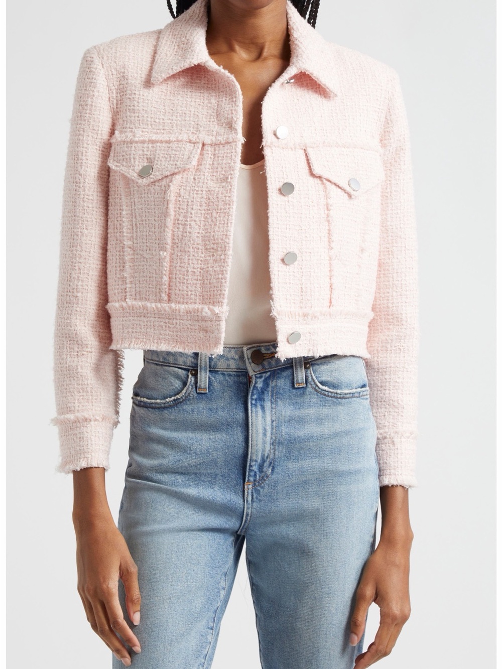 Alice + Olivia Chloe Pink Bouclé Tweed Cropped Jacket